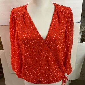 Red black white heart print tie bottom blousy sleeves banded cuff button